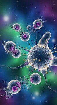 Medical illustration of CAR T cell and CAR NK therapy showing immune cells attacking cancer in immunotherapy and advanced medical research concept
