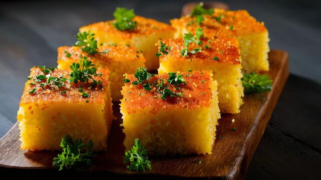 Ultra HD Delicious homemade cornbread squares on a wooden board, garnished with fresh parsley, perfect for a comforting and rustic meal or side dish, cornbread stack  video