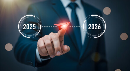 Businessman planning for 2025 and 2026, strategic vision, future goals, innovative ideas, successful