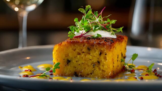 Ultra HD Gourmet cornbread topped with microgreens and sauce on a plate, served in a restaurant setting, showcasing a modern twist on a classic dish, a cornbread dish video