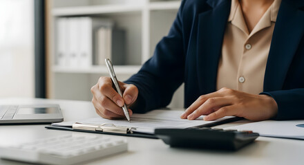 Confident businesswoman signing important documents at her modern office desk, showcasing professionalism and success in her career.