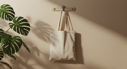 EcoFriendly Tote Bag Mockup Minimalist Design Blank Canvas Bag Sustainable Shopping Reusable Bag  Stylish Accessory Wall Hanging Product Photography Beige Background