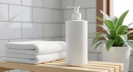 White pump bottle of lotion sits on a wooden shelf next to a stack of fluffy white towels in a clean modern bathroom with natural light.