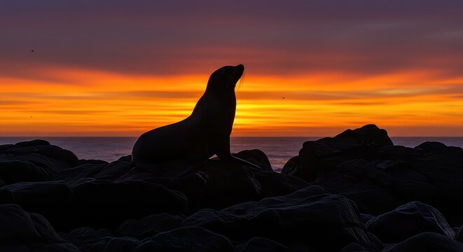 Silhouette of a seal on rocks against a vibrant sunset over the ocean.
