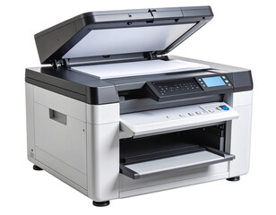 Realistic Office Copier with Open Paper Tray and Control Panel, Transparent Background