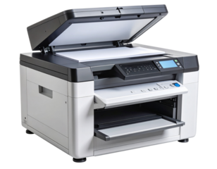 Realistic Office Copier with Open Paper Tray and Control Panel, Transparent Background