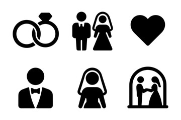 Wedding icons set featuring bride, groom, rings, and heart in silhouette style