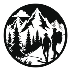 Two Hikers Silhouette with Backpacks Climbing Path Through Evergreen Forest Mountains