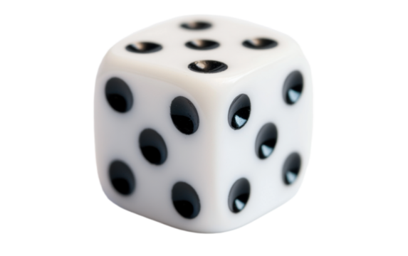 A white dice with black on white background,png