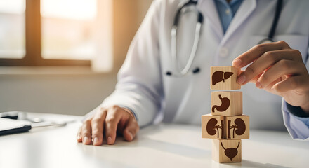 Medical professional assembling wooden blocks with health and medicine symbols in a clinical setting representing healthcare teamwork and patient care concepts