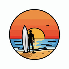 Graphic illustration of a surfer with a board on a beach at sunset ocean waves and sun in circular frame