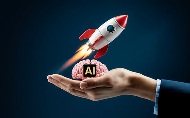 Rocket launching from ai brain held in palm of a hand design on transparent background