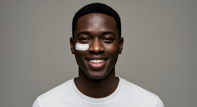 Happy young African American man applying face cream skincare routine healthy skin beauty cosmetic product advertisement - Powered by Adobe