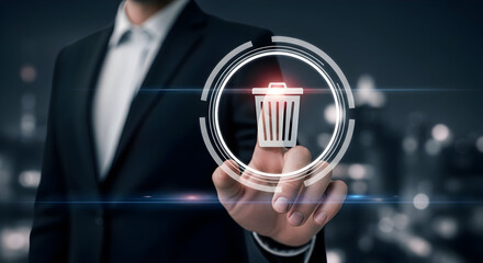 Businessman deletes data with a touch, secure digital deletion, data privacy, information security, cyber security, digital transformation, technology, innovation, future, business, success, progress