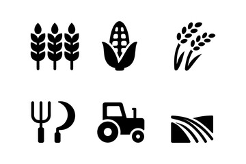 Agricultural icons set with tractors, crops, and tools in silhouette style