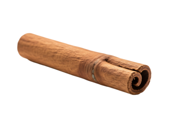 Close-up of a single cinnamon stick, showcasing its natural spiral pattern and warm, earthy tones against a dark background.