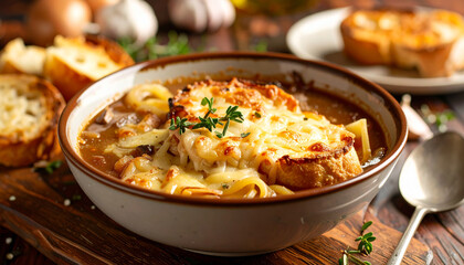 French onion soup with melted cheese and bread. Tasty food. Delicious dish. Warm and rich.