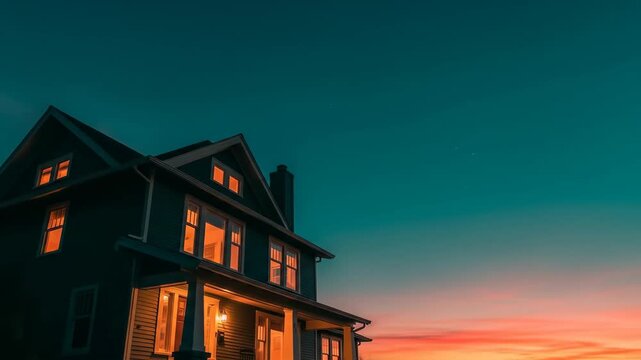 Dusk Over Suburban Home: Warm Light and Tranquil Sky