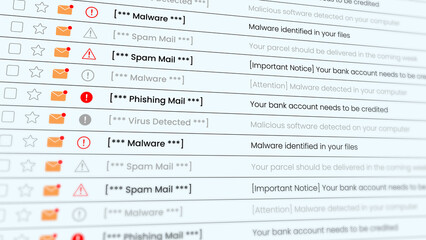 Scrolling mail list with detected virus, spam and phishing emails isolated on white background