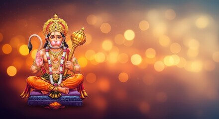 Hanuman art on a throne with bokeh background, spiritual vibe, orange light