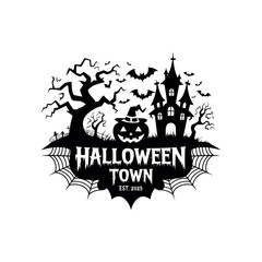 Halloween Town Logo Vector with Haunted House, Pumpkin, Bats, Tree and Spider Web