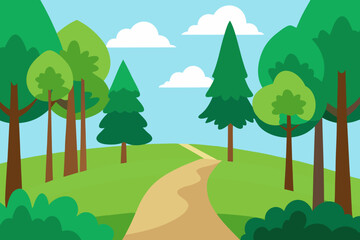 Obraz premium Cartoon forest landscape with a winding path and fluffy clouds in the sky