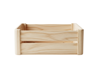A light-colored wooden crate is displayed against a black background.