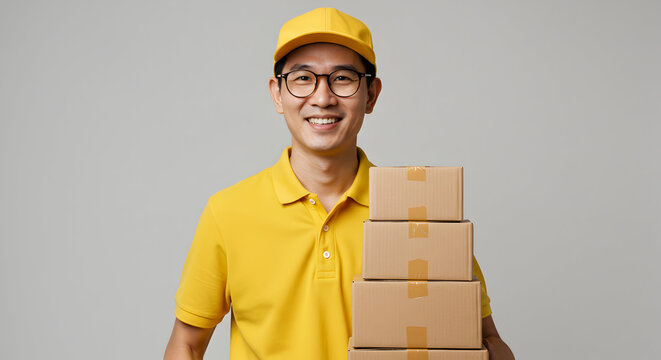 Happy smiling delivery man holding packages fast shipping service reliable courier express delivery order fulfillment ecommerce logistics transportation worker package delivery man