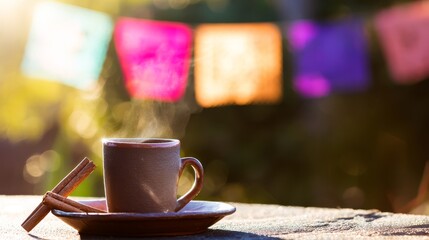 Mexico Independence Day steaming clay mug of hot chocolate with cinnamon stick on saucer, festive papel picado bokeh in warm sunset colors creating cozy mood