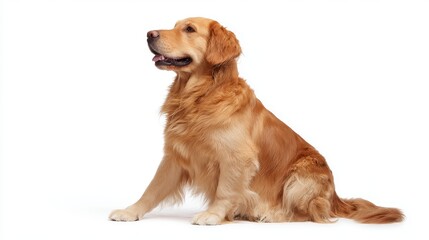 Fototapeta premium Golden retriever sitting calmly on white background, side profile with soft fur details under even studio lighting, loyal pet portrait concept