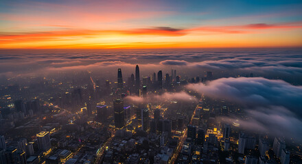 Aerial view of city skyline at sunset with fog rolling over buildings