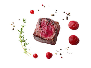 
A juicy grilled beef steak with peppercorns, thyme, and red sauce drops, isolated as a PNG