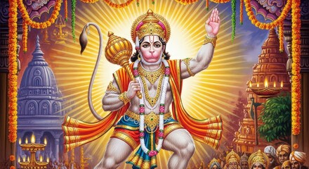 Fototapeta premium Hanuman deity stands with raised hand and mace against radiant glow, temples behind