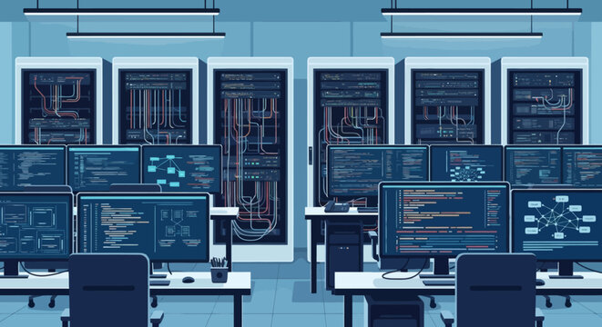 A server room with multiple monitors displaying code and network diagrams flanked by server racks full of cables