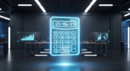 Futuristic calculator hologram in a modern office with data charts
