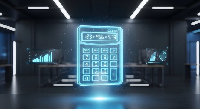 Futuristic calculator hologram in a modern office with data charts - Powered by Adobe