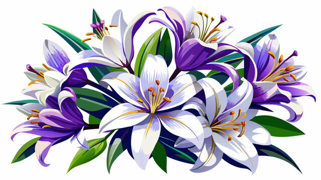 Cluster of lilies with white petals and purple centers radiates graceful beauty, semi-realistic vector expression capturing floral delicacy, timeless abstraction merging color and symmetry in elegant 