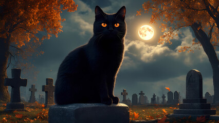 a black cat with bright orange eyes sits on a tombstone in a cemetery, on a full moon, in the fall on Halloween