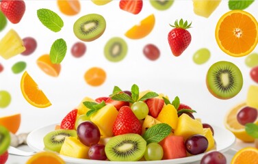 Fresh fruit salad with falling fruit pieces on white background