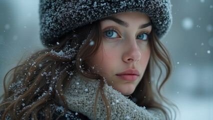 portrait of a beautiful young girl in winter in snowfall