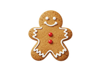 Close-up of a delightful gingerbread man cookie, adorned with white icing and red candies, against a pure black backdrop.