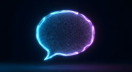 Abstract glowing neon speech bubble symbol with particles, representing communication and digital interaction