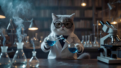 Scientist gray cat in a white coat and glasses, pours blue liquid from a test tube, conducting experiments.