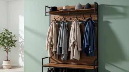 Modern entryway scene featuring a stylish hall tree with multiple hooks and shoe storage organized with coats hats and footwear conveying home organization and functional interior
