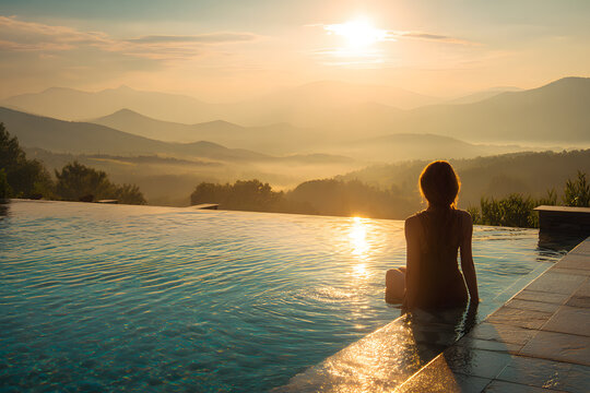 back view young adult female person enjoy relax in ifinity edge luxury outdoorswimming pool looking on fg hill green mountains in arm sunset light. Alpine wlness travel vacation,&nbsp;