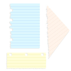 Set of lined torn notebook papers in blue, beige, and yellow. Pages have ripped edges and holes, perfect for school notes, reminders, or digital scrapbooking designs.
