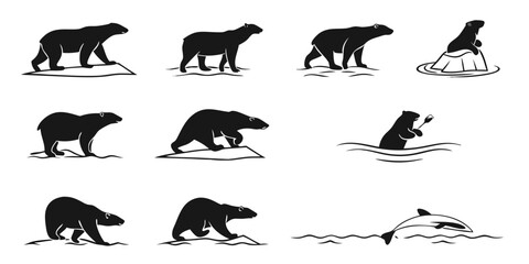 Naklejka premium Collection of Polar Bear and Dolphin Silhouettes