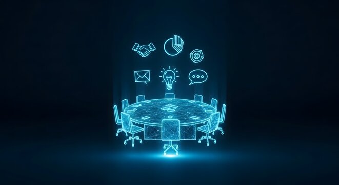 Digital holographic meeting table with business icons symbolizing collaboration and strategy