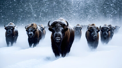 a herd of buffalo wandering through a snowy landscape,