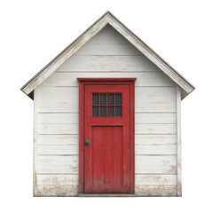 Small red door with a window sits in front of a white house